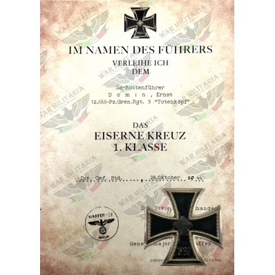 Iron Cross 1st or 2nd Class for SS Members Award Letter - Customised